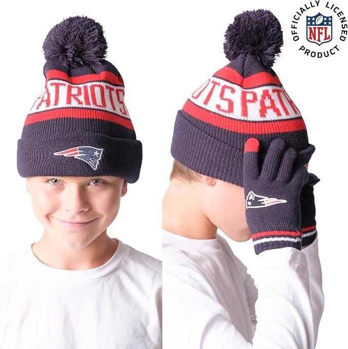 Ultra Game NFL Official Youth Super Soft Winter Beanie Knit Hat With Extra Warm Touch Screen Gloves, New England Patriots, Team Color 1, 1 SIZE|New England Patriots