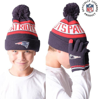 Ultra Game NFL Official Youth Super Soft Winter Beanie Knit Hat With Extra Warm Touch Screen Gloves, New England Patriots, Team Color 1, 1 SIZE|New England Patriots