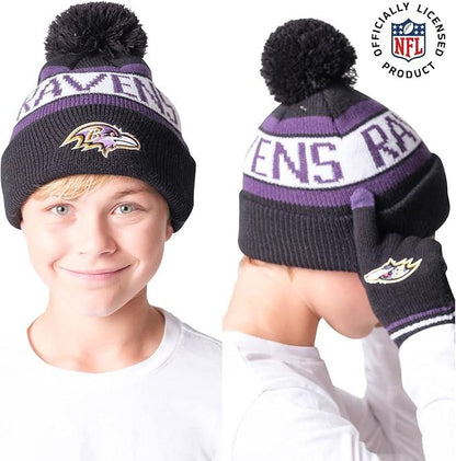 Ultra Game NFL Official Youth Super Soft Winter Beanie Knit Hat With Extra Warm Touch Screen Gloves, Baltimore Ravens, Team Color 1, 1SIZE|Baltimore Ravens