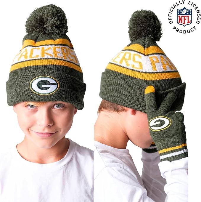 NFL Official Youth Super Soft Winter Beanie Knit Hat With Extra Warm Touch Screen Gloves|Green Bay Packers