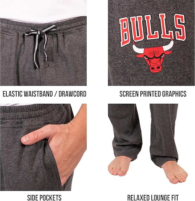 Ultra Game Men's NBA Official Sleepwear Super Soft Pajama Loungewear Pants, Chicago Bulls, Heather Charcoal 23|Chicago Bulls