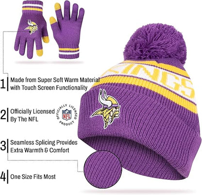 Ultra Game NFL Official Youth Super Soft Winter Beanie Knit Hat With Extra Warm Touch Screen Gloves, Minnesota Vikings, Team Color 1, 1 SIZE|Minnesota Vikings