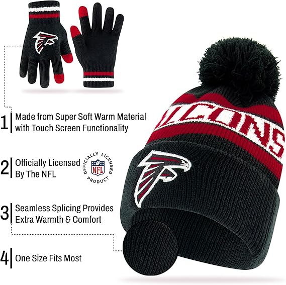 Ultra Game NFL Official Youth Super Soft Winter Beanie Knit Hat With Extra Warm Touch Screen Gloves, Atlanta Falcons, Team Color 1, 1 SIZE|Atlanta Falcons