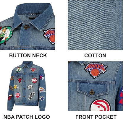 Ultra Game Men's NBA Official Distressed Multi-Team Denim Patch Jean Jacket, Multi Team, Denim|Multi Team