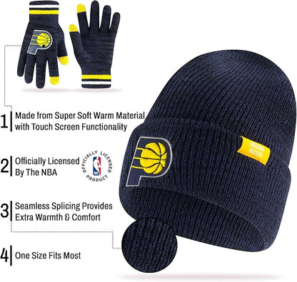 Ultra Game NBA Official Men's Super Soft Winter Beanie Knit Hat with Extra Warm Touch Screen Gloves, Indiana Pacers, Team Color|Indiana Pacers