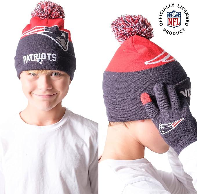 Ultra Game NFL Official Youth Super Soft Winter Beanie Knit Hat With Extra Warm Touch Screen Gloves, New England Patriots, Team Color 2, 1SIZE|New England Patriots