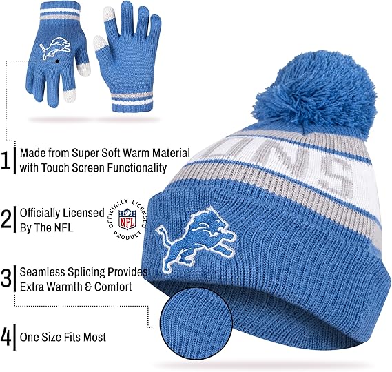 Ultra Game NFL Official Youth Super Soft Winter Beanie Knit Hat With Extra Warm Touch Screen Gloves, Detroit Lions, Team Color 1, 1 SIZE|Detroit Lions