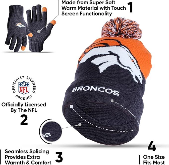 Ultra Game NFL Official Adults Unisex Super Soft Winter Beanie Knit Hat With Extra Warm Touch Screen Gloves, Denver Broncos, Team Color, 1SIZE|Denver Broncos