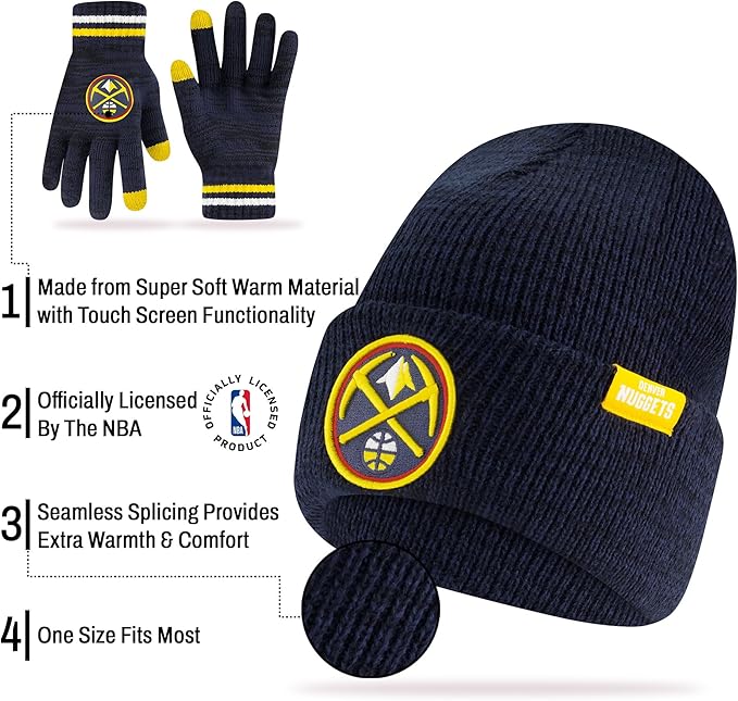 Ultra Game NBA Official Men's Super Soft Winter Beanie Knit Hat with Extra Warm Touch Screen Gloves, Denver Nuggets, Team Color|Denver Nuggets