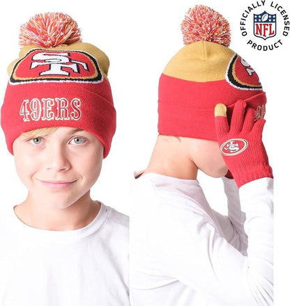 NFL Official Youth Super Soft Winter Beanie Knit Hat With Extra Warm Touch Screen Gloves| San Francisco 49ers