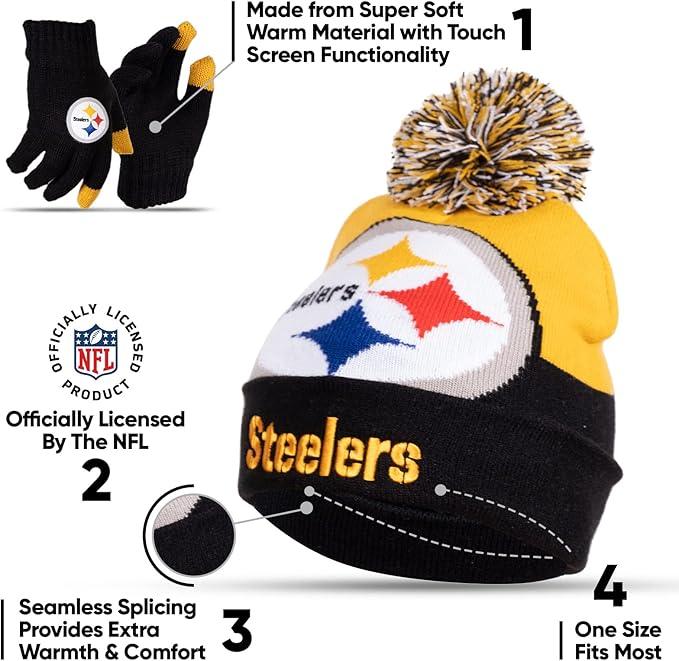 Ultra Game NFL Official Youth Super Soft Winter Beanie Knit Hat With Extra Warm Touch Screen Gloves, Pittsburgh Steelers, Team Color 2, 1SIZE|Pittsburgh Steelers