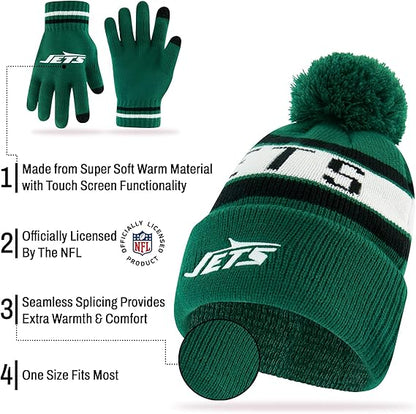 Ultra Game NFL Official Youth Super Soft Winter Beanie Knit Hat With Extra Warm Touch Screen Gloves, New York Jets, Team Color 1, 1 SIZE|New York Jets