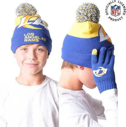 Ultra Game NFL Official Youth Super Soft Winter Beanie Knit Hat With Extra Warm Touch Screen Gloves, Los Angeles Rams, Team Color 2, 1SIZE|Los Angeles Rams