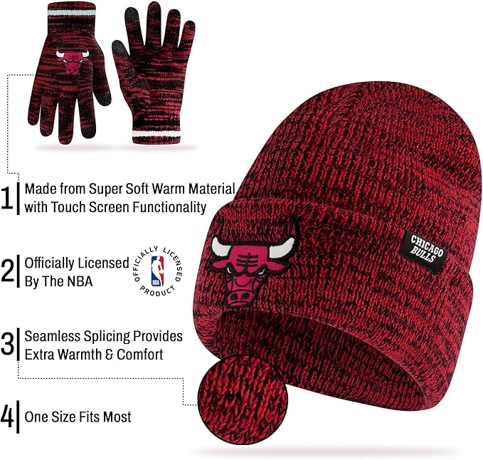 Ultra Game NBA Official Youth Super Soft Winter Beanie Knit Hat with Extra Warm Touch Screen Gloves, Chicago Bulls, Team Color|Chicago Bulls