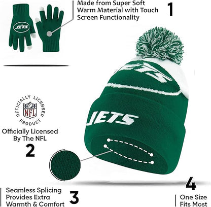 Ultra Game NFL Official Adults Unisex Super Soft Winter Beanie Knit Hat With Extra Warm Touch Screen Gloves, New York Jets, Team Color, 1SIZE|New York Jets