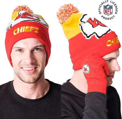 Ultra Game NFL Official Adults Unisex Super Soft Winter Beanie Knit Hat With Extra Warm Touch Screen Gloves, Kansas City Chiefs, Team Color, 1SIZE|Kansas City Chiefs