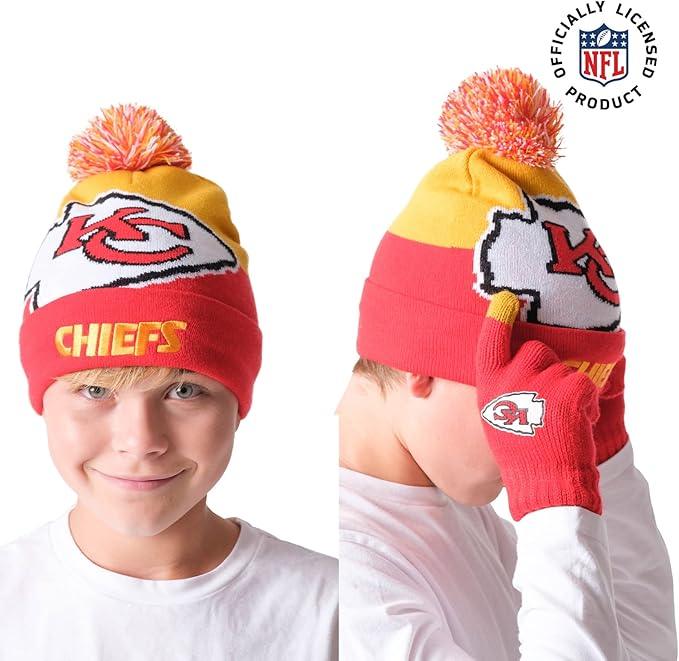 NFL Official Youth Super Soft Winter Beanie Knit Hat With Extra Warm Touch Screen Gloves|Kansas City Chiefs