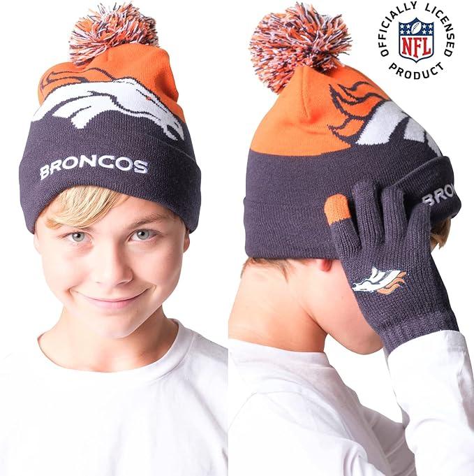 Ultra Game NFL Official Youth Super Soft Winter Beanie Knit Hat With Extra Warm Touch Screen Gloves, Denver Broncos, Team Color 2, 1SIZE|Denver Broncos