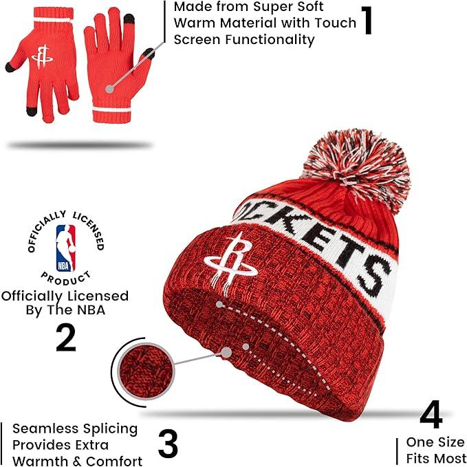 Ultra Game NBA Official Men’s Super Soft Winter Beanie Knit Hat With Extra Warm Touch Screen Gloves - Unisex, Houston Rockets, Team Color, 1SIZE|Houston Rockets