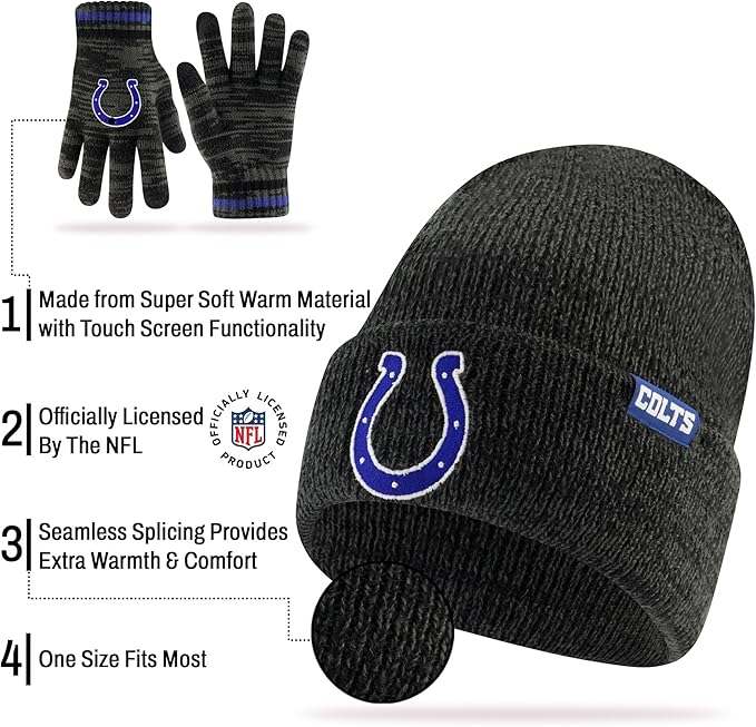 Ultra Game Youth NFL Official Super Soft Marl Knit Winter Beanie Knit Hat with Extra Warm Touch Screen Gloves|Indianapolis Colts