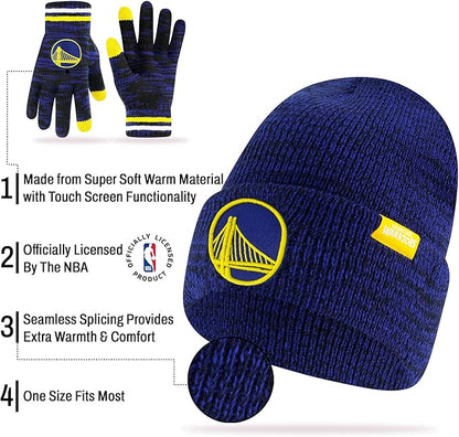 Ultra Game NBA Official Youth Super Soft Winter Beanie Knit Hat with Extra Warm Touch Screen Gloves, Golden State Warriors, Team Color|Golden State Warriors