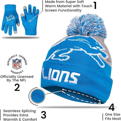 Ultra Game NFL Official Adults Unisex Super Soft Winter Beanie Knit Hat With Extra Warm Touch Screen Gloves, Detroit Lions, Team Color, 1SIZE|Detroit Lions