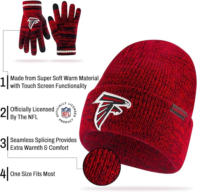 Ultra Game Youth NFL Official Super Soft Marl Knit Winter Beanie Knit Hat with Extra Warm Touch Screen Gloves|Atlanta Falcons