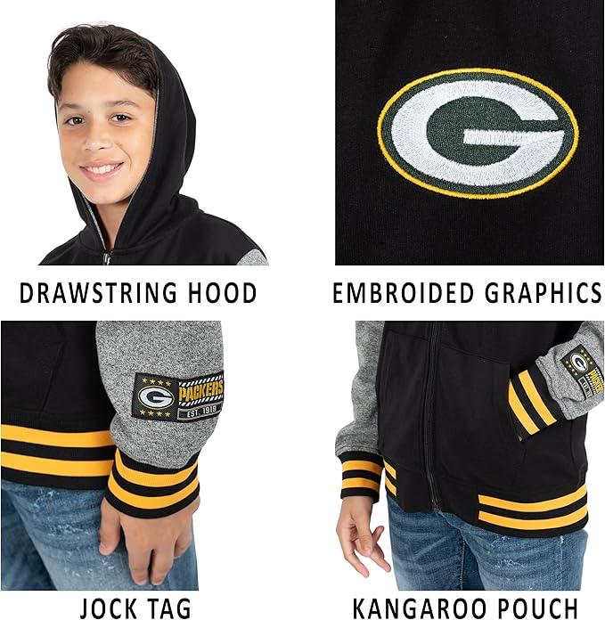 Ultra Game NFL official Youth Super Soft Full Zip Varsity Hoodie Sweatshirt, Green Bay Packers, Team Color|Green Bay Packers