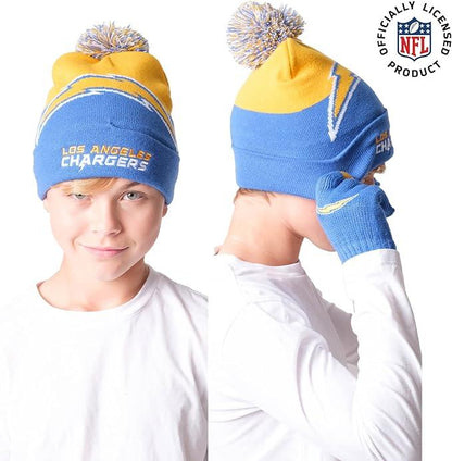 Ultra Game NFL Official Youth Super Soft Winter Beanie Knit Hat With Extra Warm Touch Screen Gloves, Los Angeles Chargers, Team Color 2, 1SIZE|Los Angeles Chargers