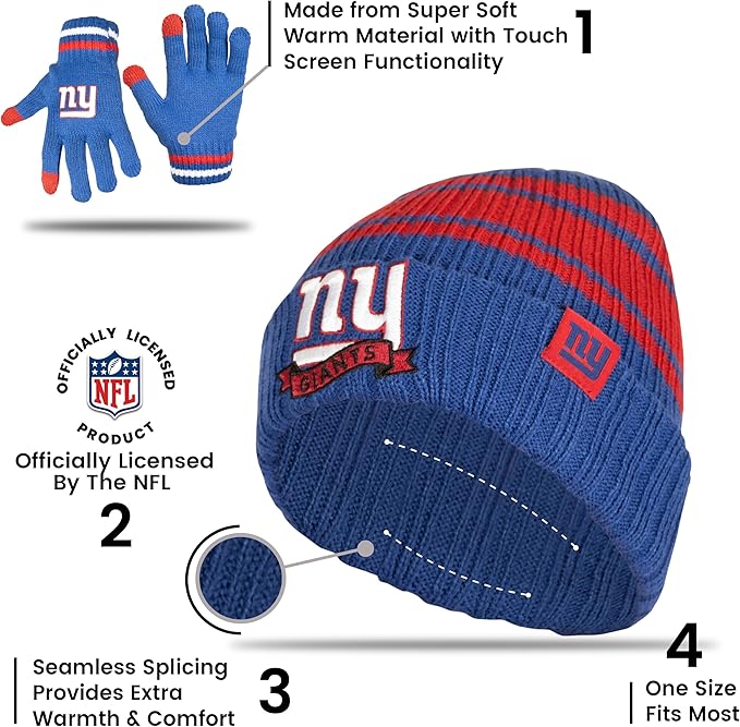 Ultra Game Youth NFL Official Super Soft Team Stripe Winter Beanie Knit Hat with Extra Warm Touch Screen Gloves|New York Giants