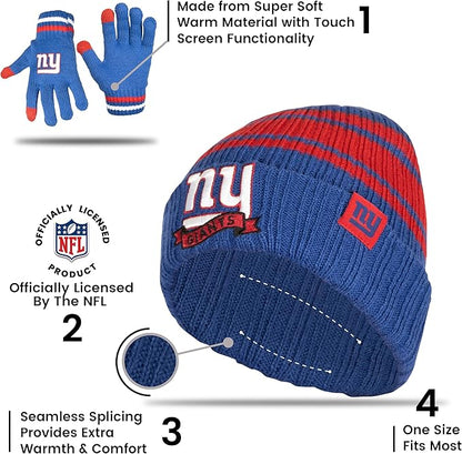 Ultra Game Youth NFL Official Super Soft Team Stripe Winter Beanie Knit Hat with Extra Warm Touch Screen Gloves|New York Giants