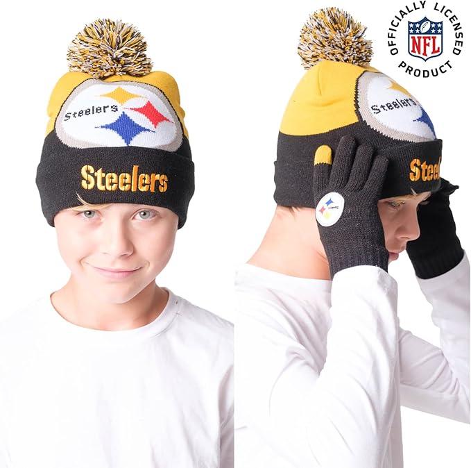 Ultra Game NFL Official Youth Super Soft Winter Beanie Knit Hat With Extra Warm Touch Screen Gloves, Pittsburgh Steelers, Team Color 2, 1SIZE|Pittsburgh Steelers