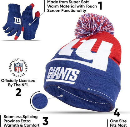 Ultra Game NFL Official Youth Super Soft Winter Beanie Knit Hat With Extra Warm Touch Screen Gloves, New York Giants, Team Color 2, 1SIZE|New York Giants