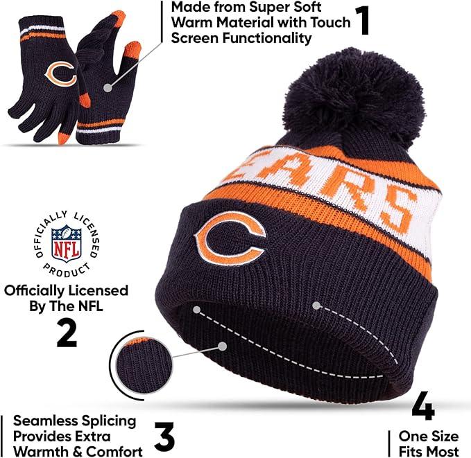 Ultra Game NFL Official Youth Super Soft Winter Beanie Knit Hat With Extra Warm Touch Screen Gloves, Chicago Bears, Team Color 1, 1SIZE|Chicago Bears