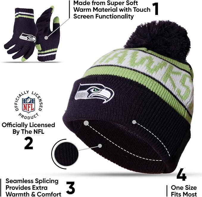 Ultra Game NFL Official Youth Super Soft Winter Beanie Knit Hat With Extra Warm Touch Screen Gloves, Seattle Seahawks, Team Color 1, 1 SIZE|Seattle Seahawks