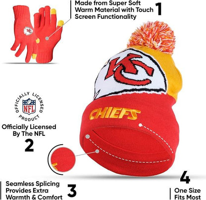 Ultra Game NFL Official Adults Unisex Super Soft Winter Beanie Knit Hat With Extra Warm Touch Screen Gloves, Kansas City Chiefs, Team Color, 1SIZE|Kansas City Chiefs