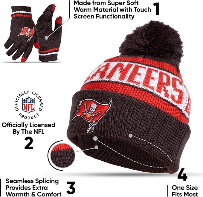 Ultra Game NFL Official Youth Super Soft Winter Beanie Knit Hat With Extra Warm Touch Screen Gloves, Tampa Bay Buccaneers, Team Color 1, 1SIZE|Tampa Bay Buccaneers