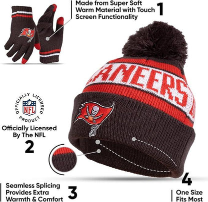 Ultra Game NFL Official Youth Super Soft Winter Beanie Knit Hat With Extra Warm Touch Screen Gloves, Tampa Bay Buccaneers, Team Color 1, 1SIZE|Tampa Bay Buccaneers