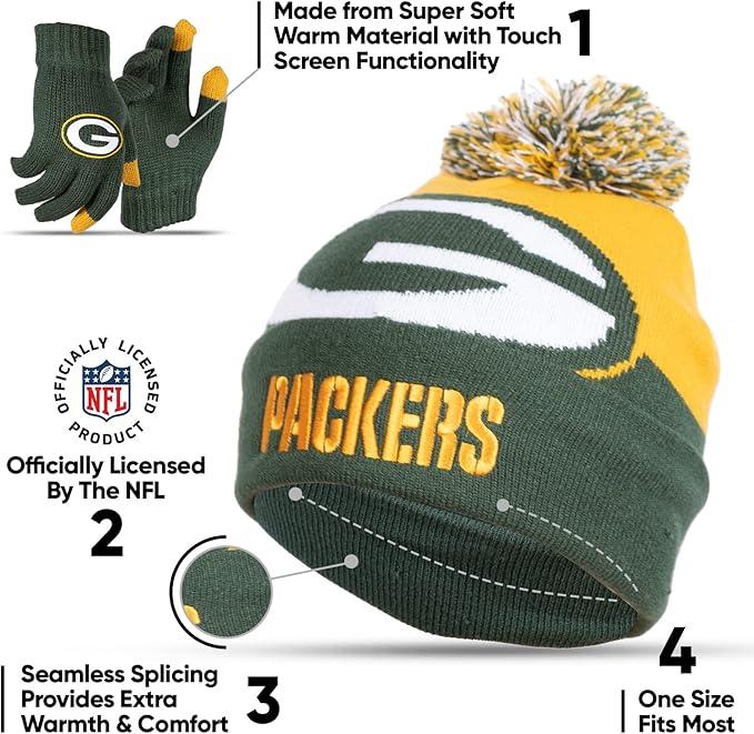 NFL Official Youth Super Soft Winter Beanie Knit Hat With Extra Warm Touch Screen Gloves|Green Bay Packers