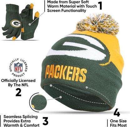 NFL Official Youth Super Soft Winter Beanie Knit Hat With Extra Warm Touch Screen Gloves|Green Bay Packers