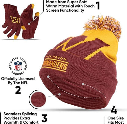 Ultra Game NFL Official Youth Super Soft Winter Beanie Knit Hat With Extra Warm Touch Screen Gloves, Washington Commanders, Team Color 2, 1SIZE|Washington Commanders