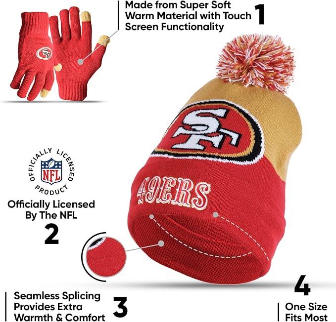 Ultra Game NFL Official Adults Unisex Super Soft Winter Beanie Knit Hat With Extra Warm Touch Screen Gloves, San Francisco 49ers, Team Color, 1SIZE|San Francisco 49ers