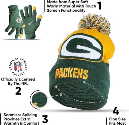 NFL Official Adults Unisex Super Soft Winter Beanie Knit Hat With Extra Warm Touch Screen Gloves|Green Bay Packers