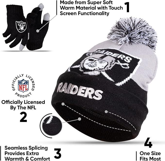 NFL Official Youth Super Soft Winter Beanie Knit Hat With Extra Warm Touch Screen Gloves| Las Vegas Raiders