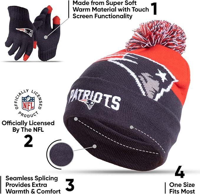 Ultra Game NFL Official Youth Super Soft Winter Beanie Knit Hat With Extra Warm Touch Screen Gloves, New England Patriots, Team Color 2, 1SIZE|New England Patriots