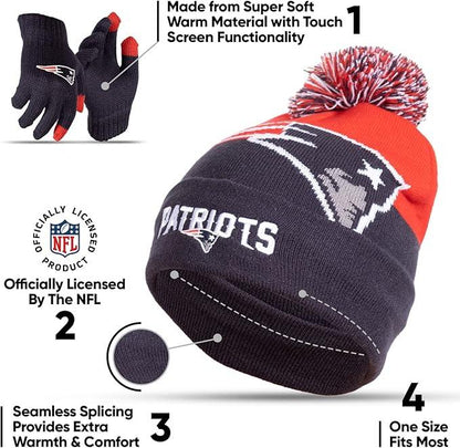 Ultra Game NFL Official Youth Super Soft Winter Beanie Knit Hat With Extra Warm Touch Screen Gloves, New England Patriots, Team Color 2, 1SIZE|New England Patriots