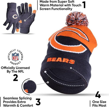 Ultra Game NFL Official Adults Unisex Super Soft Winter Beanie Knit Hat With Extra Warm Touch Screen Gloves, Chicago Bears, Team Color 2, 1SIZE|Chicago Bears