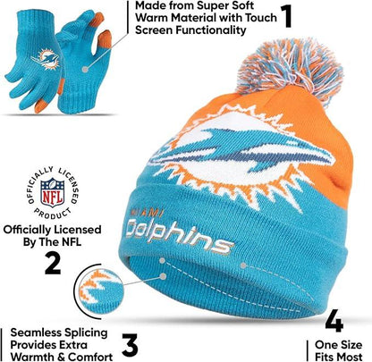 NFL Official Youth Super Soft Winter Beanie Knit Hat With Extra Warm Touch Screen Gloves|Miami Dolphins