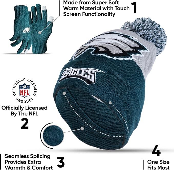 Ultra Game NFL Official Adults Unisex Super Soft Winter Beanie Knit Hat With Extra Warm Touch Screen Gloves, Philadelphia Eagles, Team Color 2, 1SIZE|Philadelphia Eagles