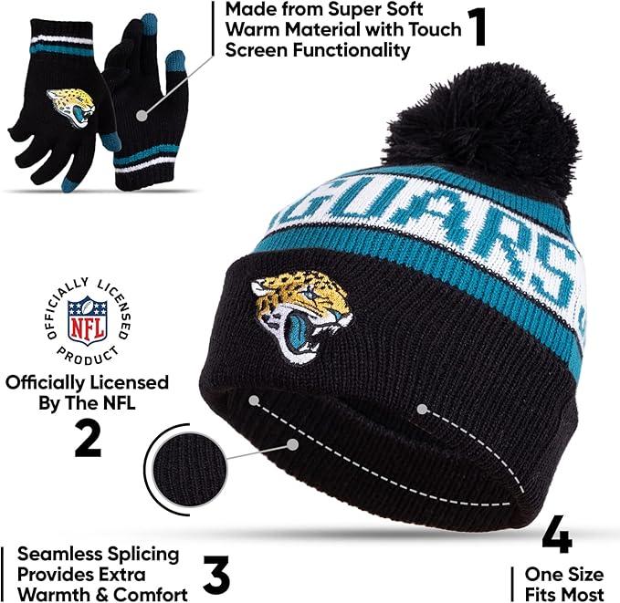 Ultra Game NFL Official Youth Super Soft Winter Beanie Knit Hat With Extra Warm Touch Screen Gloves, Jacksonville Jaguars, Team Color 1, 1 SIZE|Jacksonville Jaguars